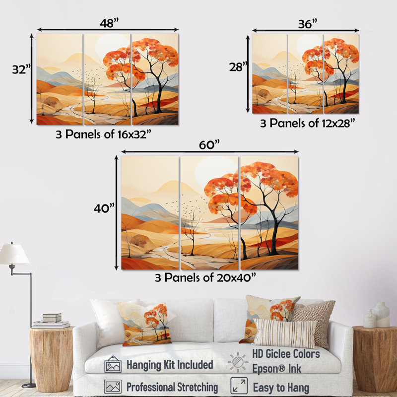 Serene Autumn Lansdcape - Ensemble de décorations murales paysage abstrait, H 28 po x l 36 po x P 1 po, Toile tendue