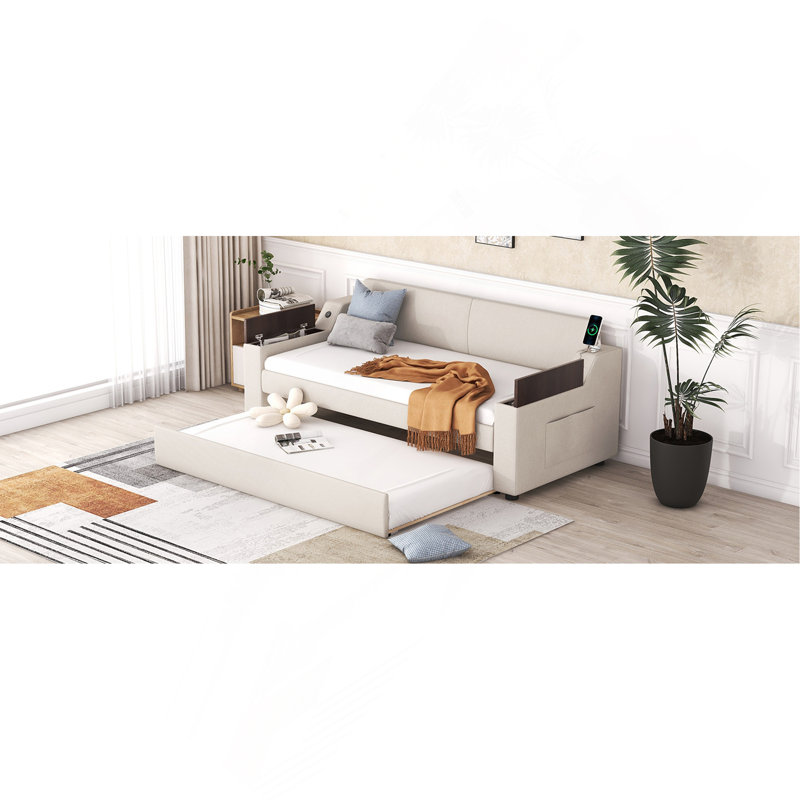 Lit de jour simple rembourré avec accoudoirs de rangement, gigogne et design USB, beige
