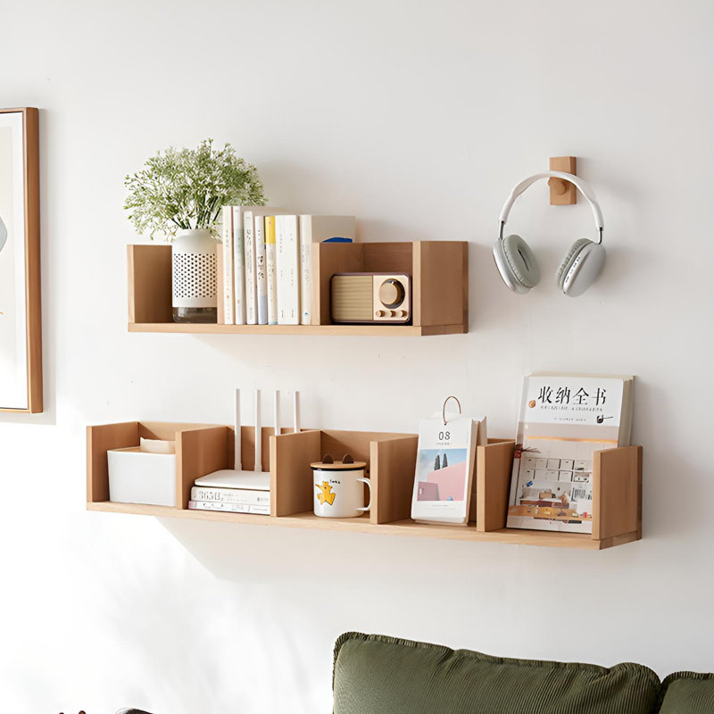 Solid Oak Wall Shelf With Multi-Cubby Design