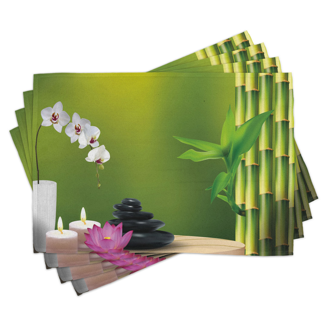 Platzdeckchen 4er Set, Bambus Orchideensteine, Farngrün Fuchsia und Weiß