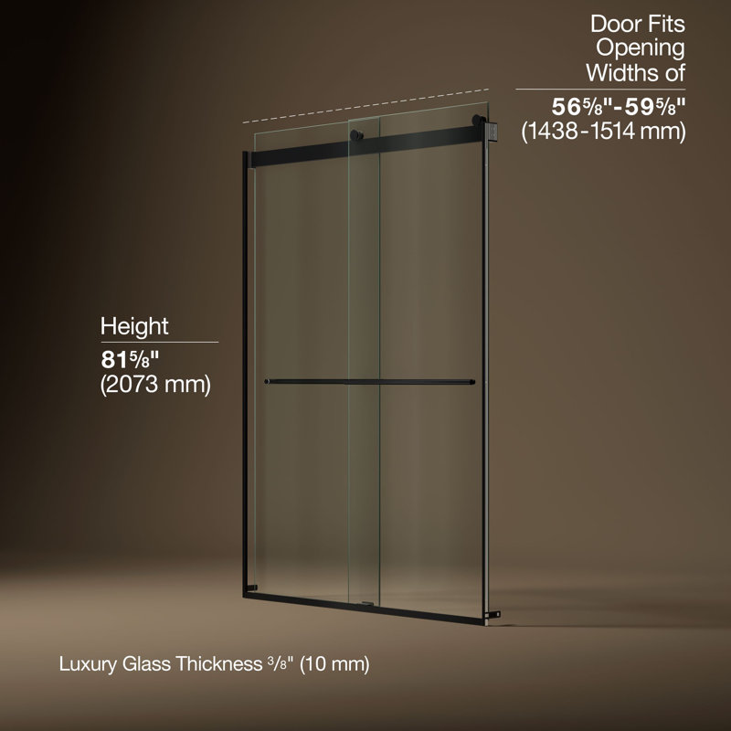 Levity Plus Less Sliding Shower Door, 81-5/8" H x 56-5/8 - 59-5/8" W, With 3/8" Thick Crystal Clear Glass, Black