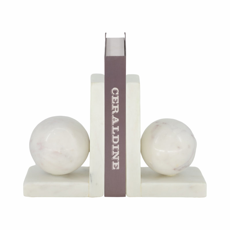 Set Of 2 6" Marble Bookend With 3" Orb, White