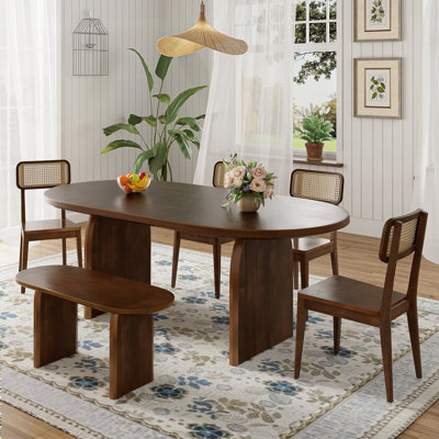 Ensemble de table de salle à manger 6 pièces avec banc, table de cuisine ovale et chaises pour 6, style moderne et design robuste