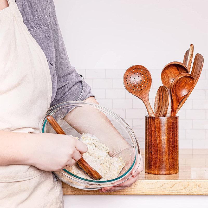Ensemble de 10 cuillères à cuisson en bois avec pot à ustensiles