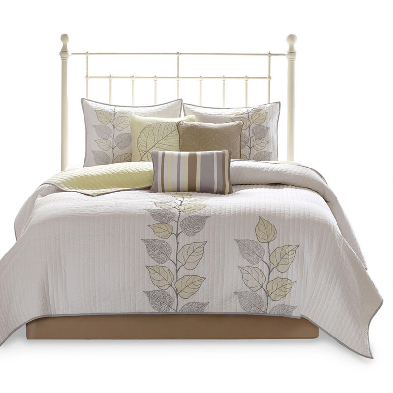 Microfiber Embroidered Reversible Quilt Set of 6, Full Quilt + 5 Additional Pieces, White;Blue