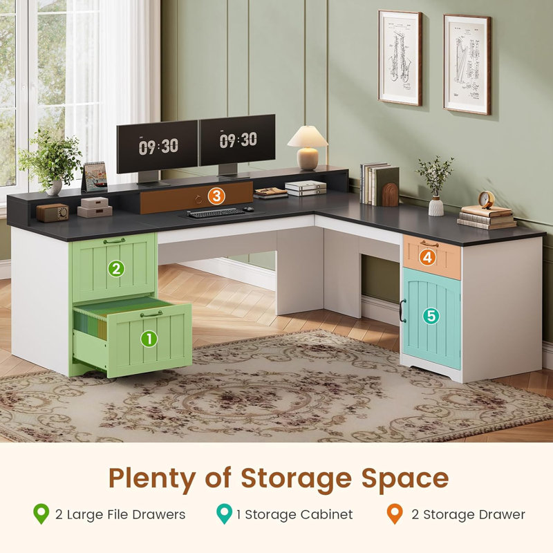 63" L Shaped Desk With Drawers, Farmhouse Corner Computer Desk, Black/White