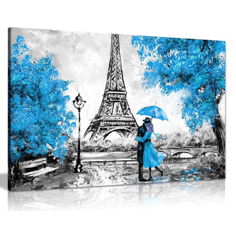 Paris Oil Painting Reproduction Eiffel Tower - Wrapped Canvas Print, 31cm H x 46cm W, Blue