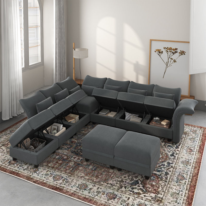 Canapé modulaire inclinable 9 pièces Ahren, Velours gris