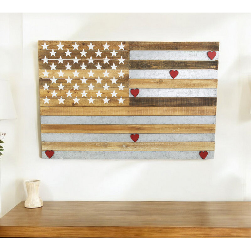 24" X 36" Brown and Gray Stars And Stripes Wood and Metal Hanging Dimensional Sculpture