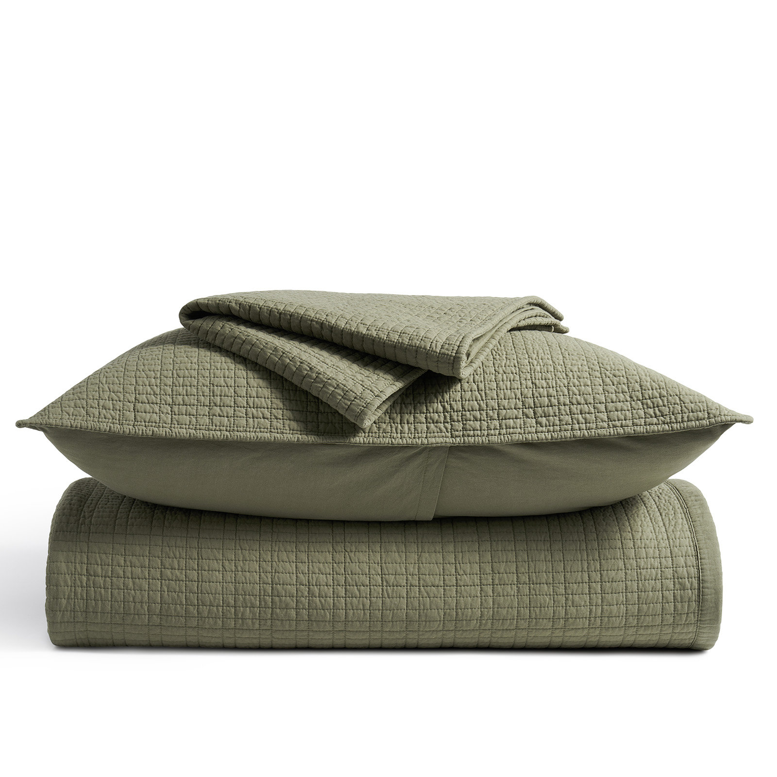 Cotton Quilt Set, King Quilt + 2 Shams, Olive Green