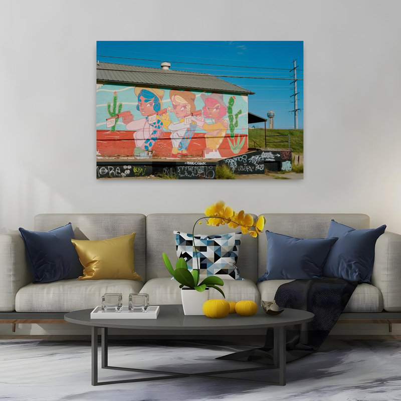 Vibrant Cowgirl Mural Colorful Modern Vibrant Urban Architecture Wall Art Print by Bethany Young - Wrapped Canvas Print
