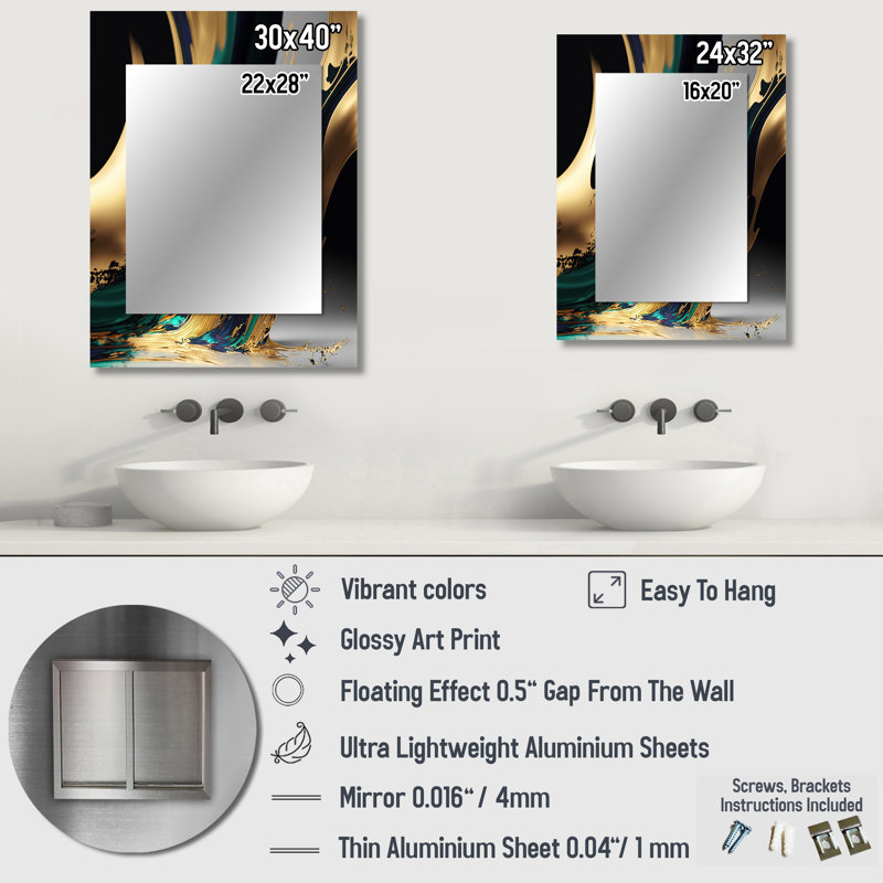 Green And Gold Agate II - Transitional Large Mirror, Green Unique Wall Mirror Decor, Printed Metal Art, 32" x 24"