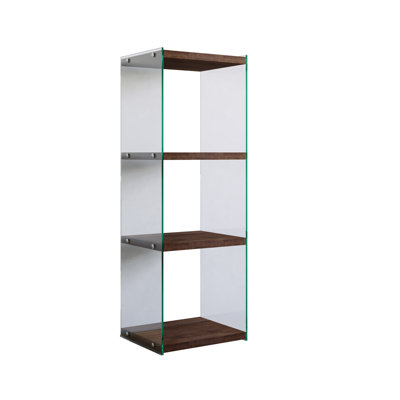 Bibliothèque moderne, finition noyer, 15,7 po x 47,2 po x 13,8 po | 100% bois de pin massif et cadre en verre trempé, épaisseur de 0,3 pouce | Support mural, tablettes multiples, capacité de poids maximale de 22 lb par tablette, design élégant et fonctionnel