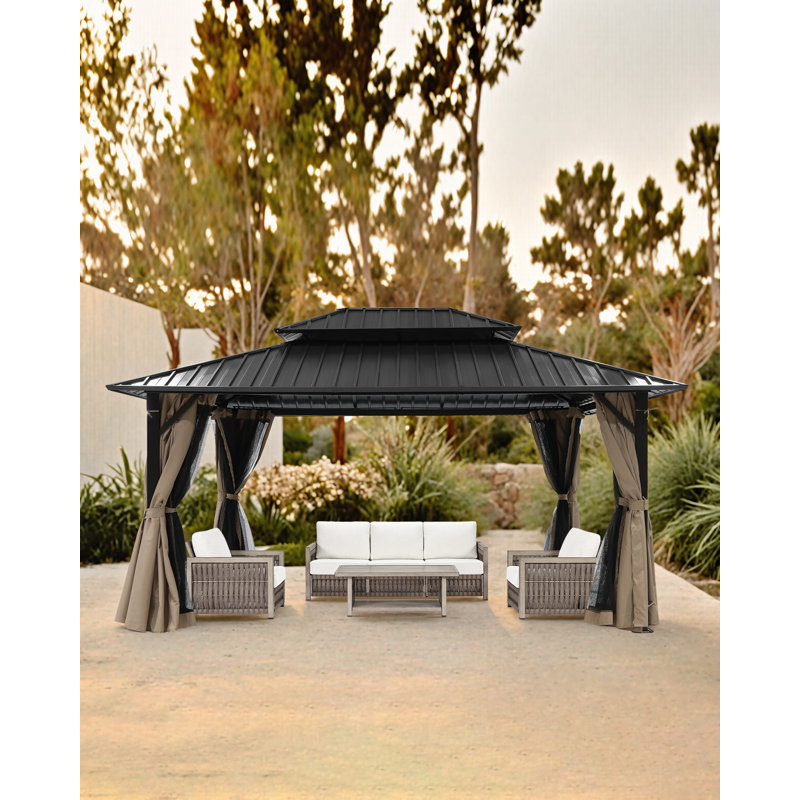 SeeHill Hardtop Gazebo, Outdoor Patio Gazebo, Aluminum Frame Patio Hardtop Gazebos with Netting and Curtain, Outdoor Patio Pergola with Double Steel Roofs for Deck, Lawns, Garden