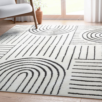 Feliz Geometric Machine Made Power Loomed Polypropylene Area Rug in Ivory/Black