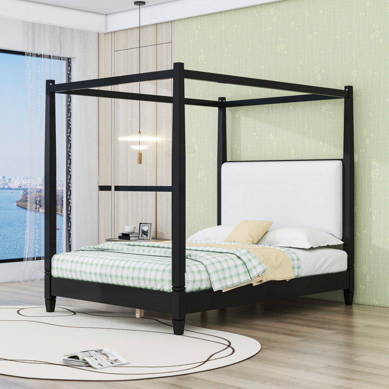 Canopy Bed with Upholstered Headboard, Noir, Queen