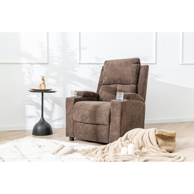 30.71" Wide Chenille Push Back Recliner With USB Charging Ports, And Built-In Cup Holders, Brown