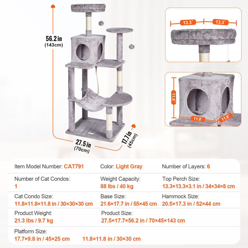 Light Grey 56.2" Cat Tree Tower with Hammock and Condo