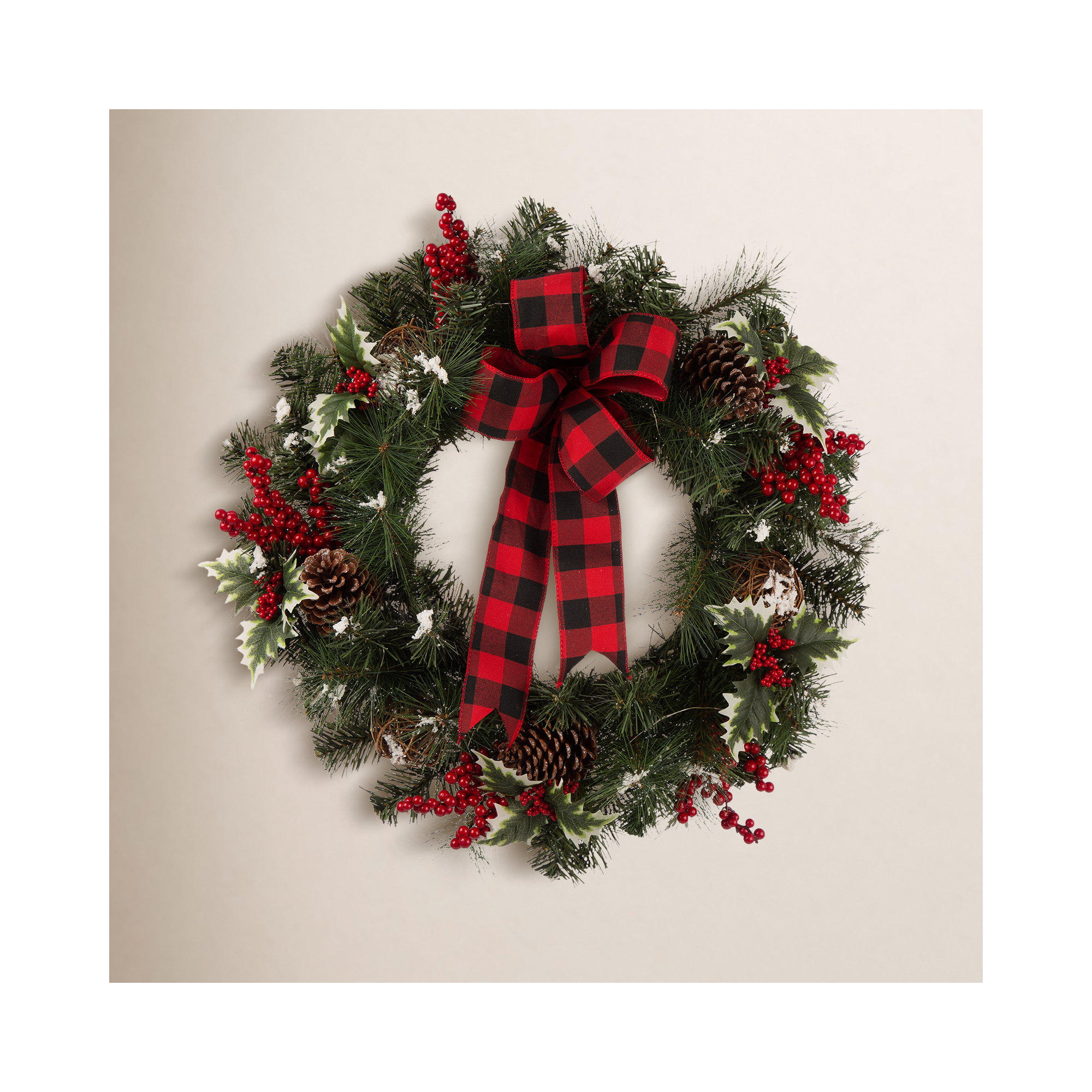 24"D Christmas Snow Berry Twig Ball Pinecone Holly Pine Wreath With Lights