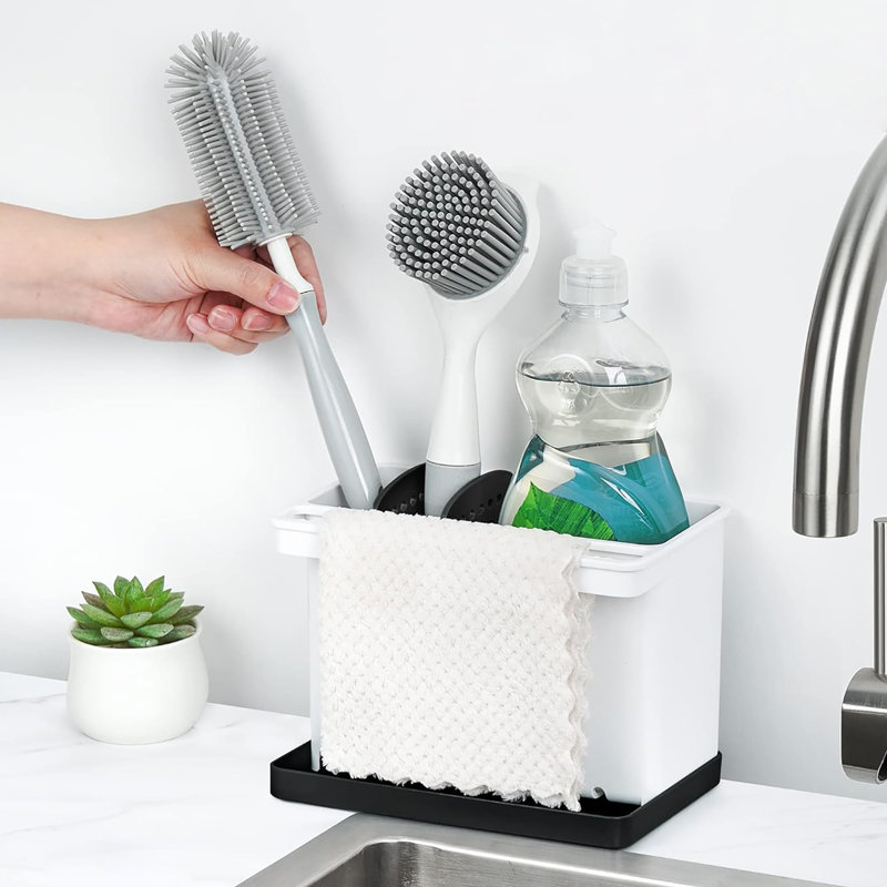 Support en plastique pour éponge de cuisine et porte-brosse pour évier, organisateur de comptoir avec séparateurs, Noir