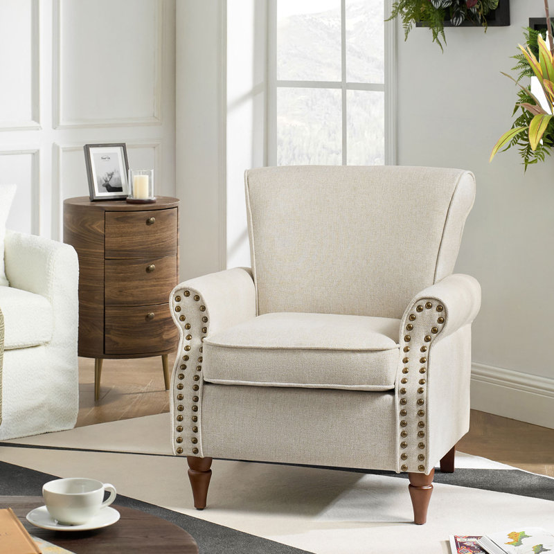 Zellig Traditional Wooden Upholstered Accent Chair, Oatmeal