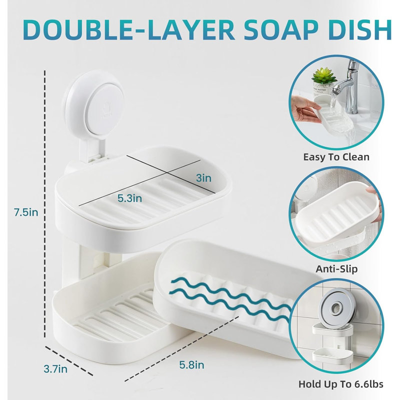 Porte-savon à ventouse pour douche, porte-savon en barre, porte-savon amovible blanc à 2 niveaux pour douche, plateau à savon mural, porte-éponge sans perçage, accessoires de salle de bain et de cuisine