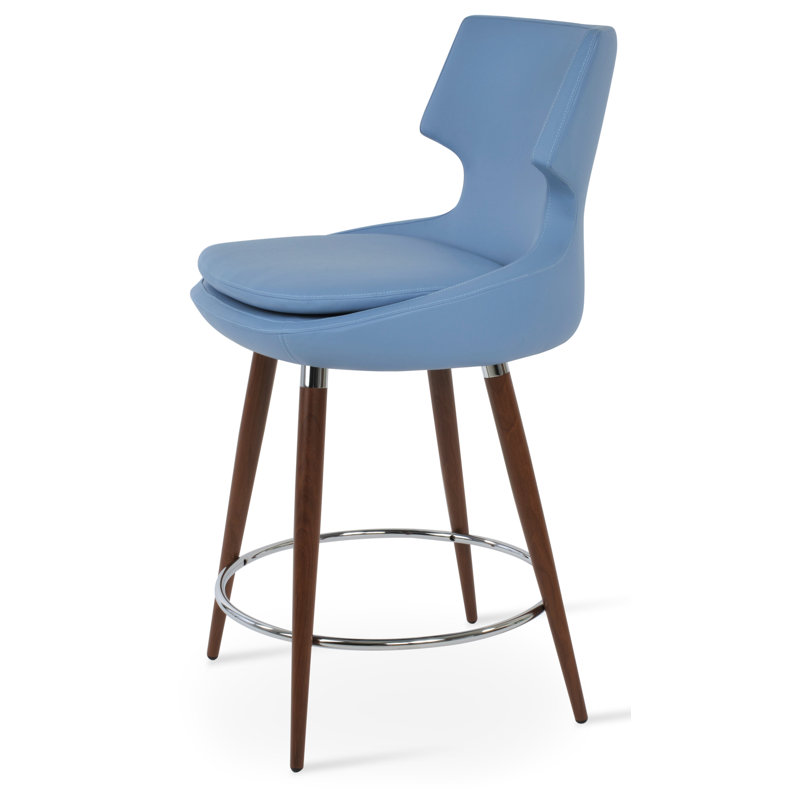 Patara Ana Counter & Bar Stool, Walnut/Chrome, Bar Stool (31” Seat Height), Skyblue Wool