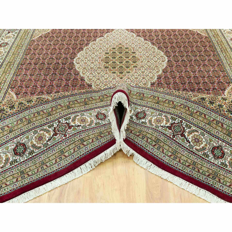 10'x14'3" Crabby Apple Red Shiny Wool Tabriz with Hand Knotted All Over Mahi Design Rug