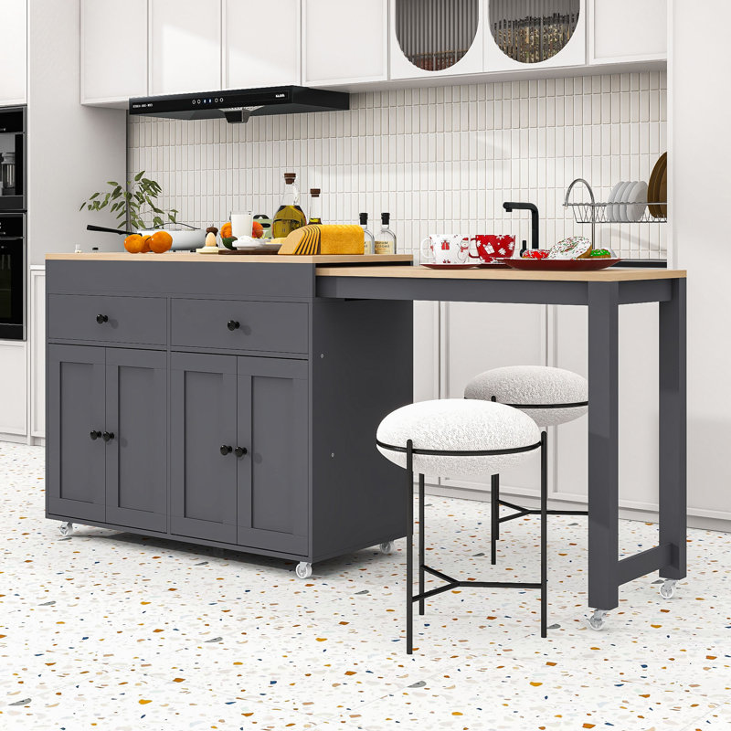 Îlot de cuisine multifonctionnel avec table de salle à manger extensible et rangement spacieux, Gris
