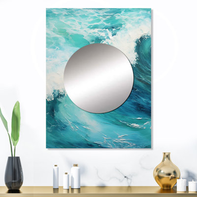 Yorman Ocean Teal Wave Expression I - miroir décoratif de vagues, miroir mural bleu, impression d'art en métal