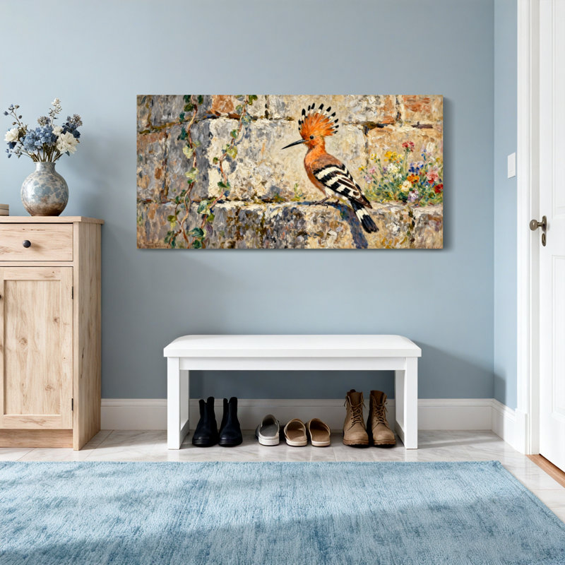 Animaux, oiseau coloré sur un mur de pierre avec des fleurs, H 24 po x l 48 po