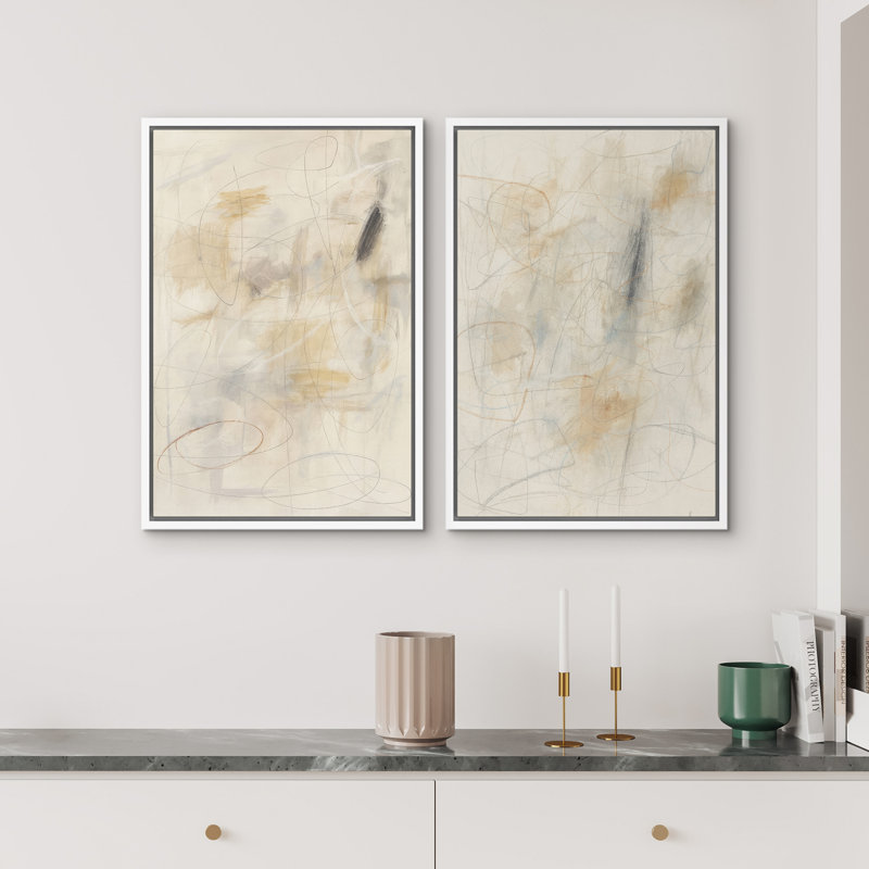 Art mural abstrait, ensemble de 2 reproductions d'art encadrées sur toile, H 24 po x l 32 po, Blanc