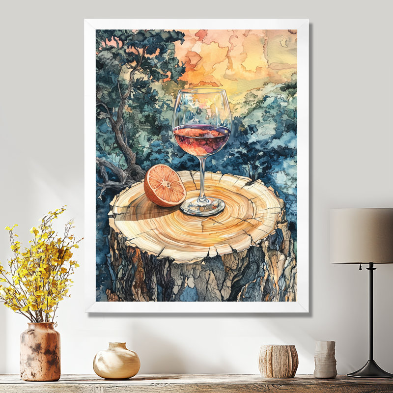 Pamplemousse avec verre de vin dans un vignoble - Décoration murale paysages, H 44 po x l 34 po, Blanc