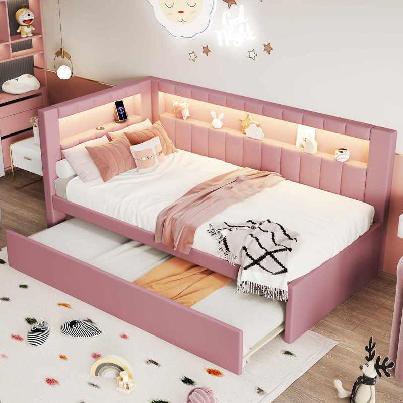 Lit plateforme tapissier simple avec ports USB et ceinture à DEL, avec lit gigogne, Rose