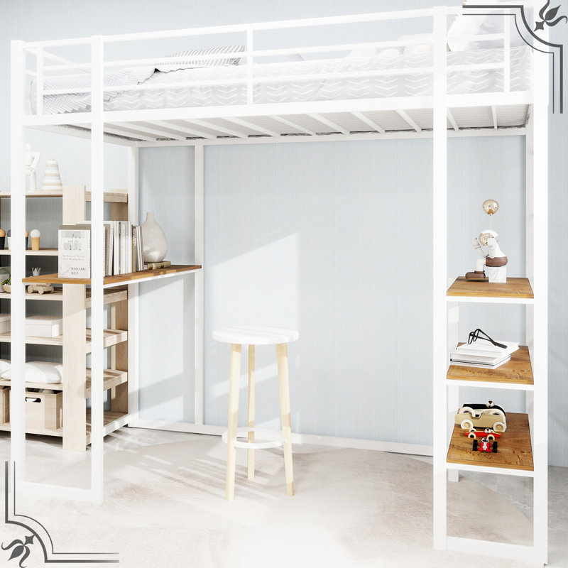 Twin White Iron Bed, Built - In Table, Railing, Functional, Bedroom, Stable Structure, Double Supported Legs, Quick Setup L Shaped Desk, Stairs, Stable, Safe, Long Lasting Material,