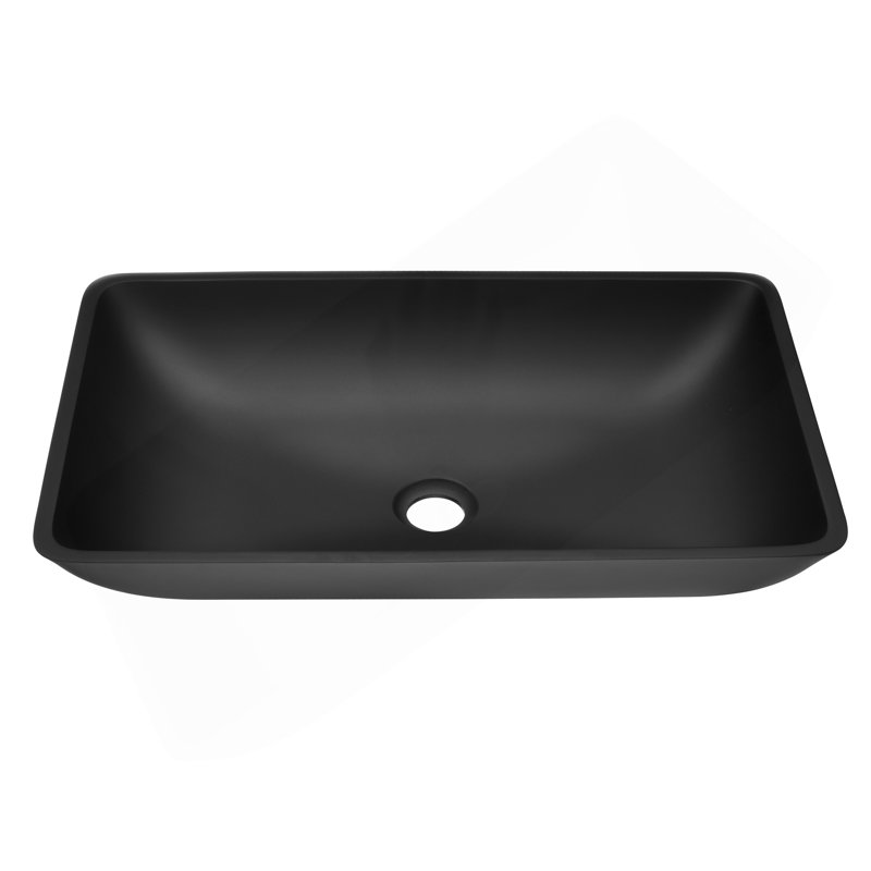 Matte Shell  Glass Rectangular Vessel Bathroom Sink In Black With  Faucet And Pop-Up Drain In Matte Black