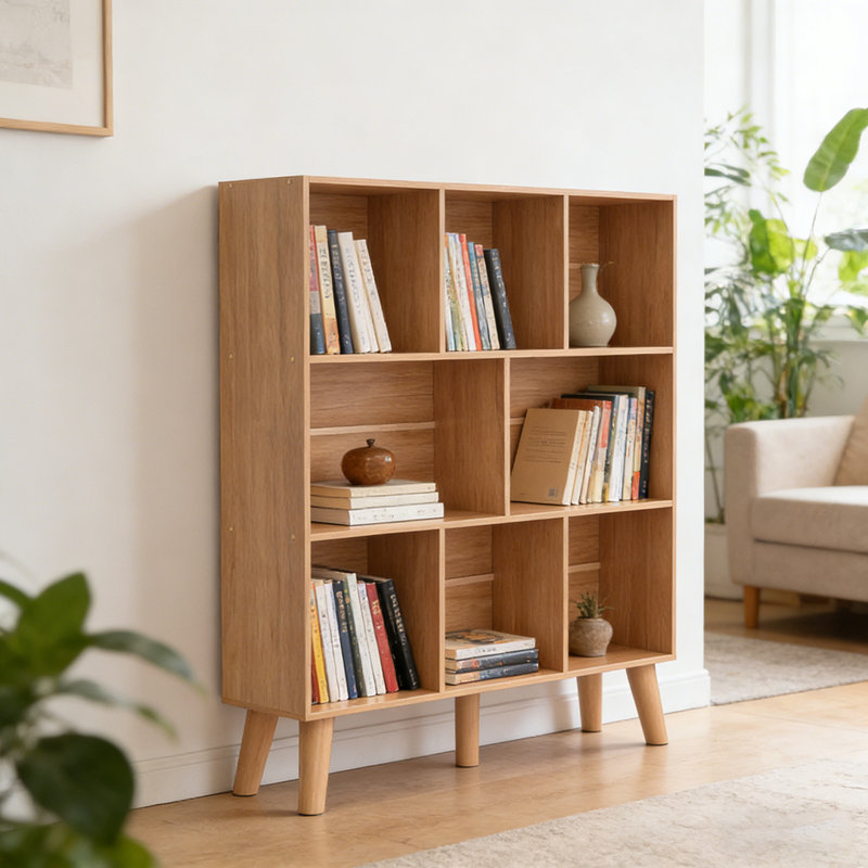 Bibliothèque moderne à 3 niveaux avec pieds, tablette de présentation autoportante en bois, bibliothèque à 8 cubes, Naturel