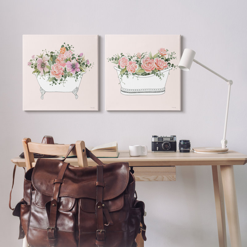 «Pink Floral Rose Blooms Bathaign Bath botanicals», ensemble de 2 impressions sur toile tendue, H 24 po x l 48 po x P 1,5 po