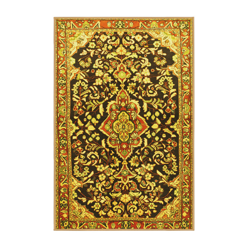 Tapis traditionnels jaunes lavables à la machine 1055, Rectangle 2 pi x 4 pi