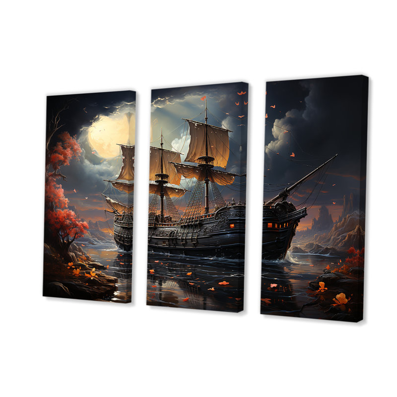 Pirate Ship Nightly Voyage I - Art mural pirate, H 40 po x l 61 po, Toile tendue