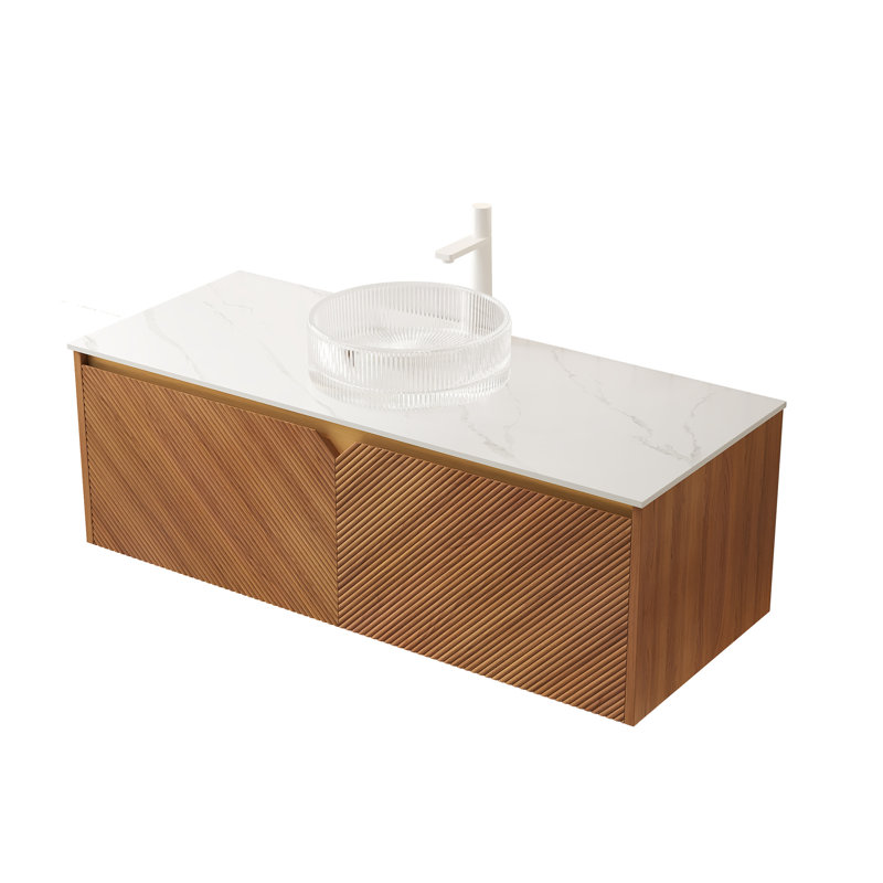 Meuble-lavabo mural de 48 pouces avec armoire en contreplaqué de chêne brun et comptoir en pierre frittée blanche, sans lavabo, robinet, portes en bois massif avec registre à fermeture en douceur, paquet plat pour installation personnelle
