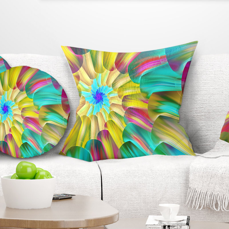 Spectaculaire vitrail avec spirales - coussin imprimé floral, 16 po x 1 po, Coussin décoratif, Bleu sarcelle/jaune