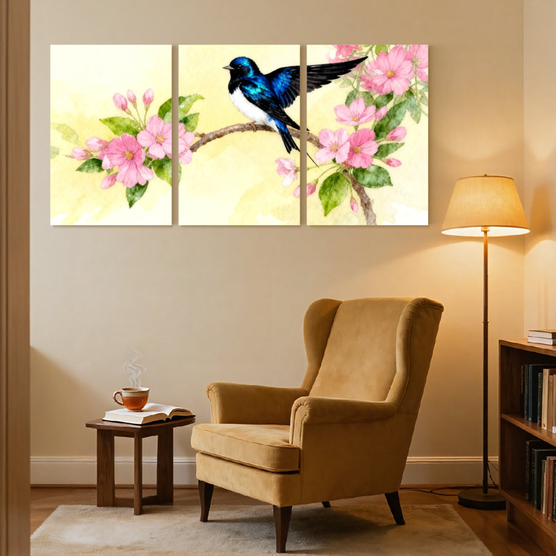 Oiseaux perchés sur une branche en fleurs avec fleurs roses, ensemble de 3 impressions sur toile, H 30 po x l 60 po