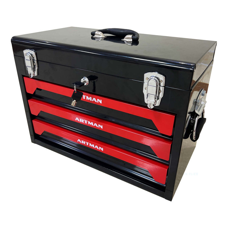 Boîte à outils 20 po à 3 tiroirs en acier, 4 couches d'outils avec loquets en métal, avec plateau de rangement supérieur et poignée de transport, rangement d'outils multifonctionnel pour le garage, la maison ou l'établi