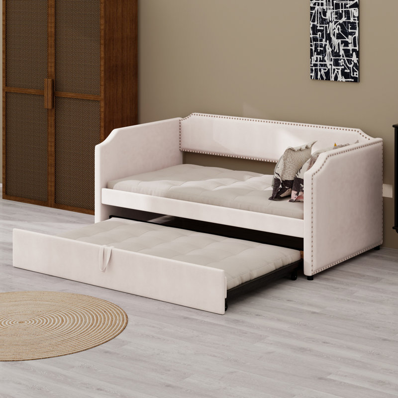 Velvet Upholstered Daybed With Pop Up Trundle, Beige