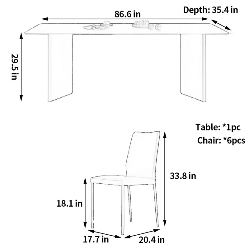 Modern Simple - design Dining Table and Chair, 29.5"H x 86.6"L x 35.4"W