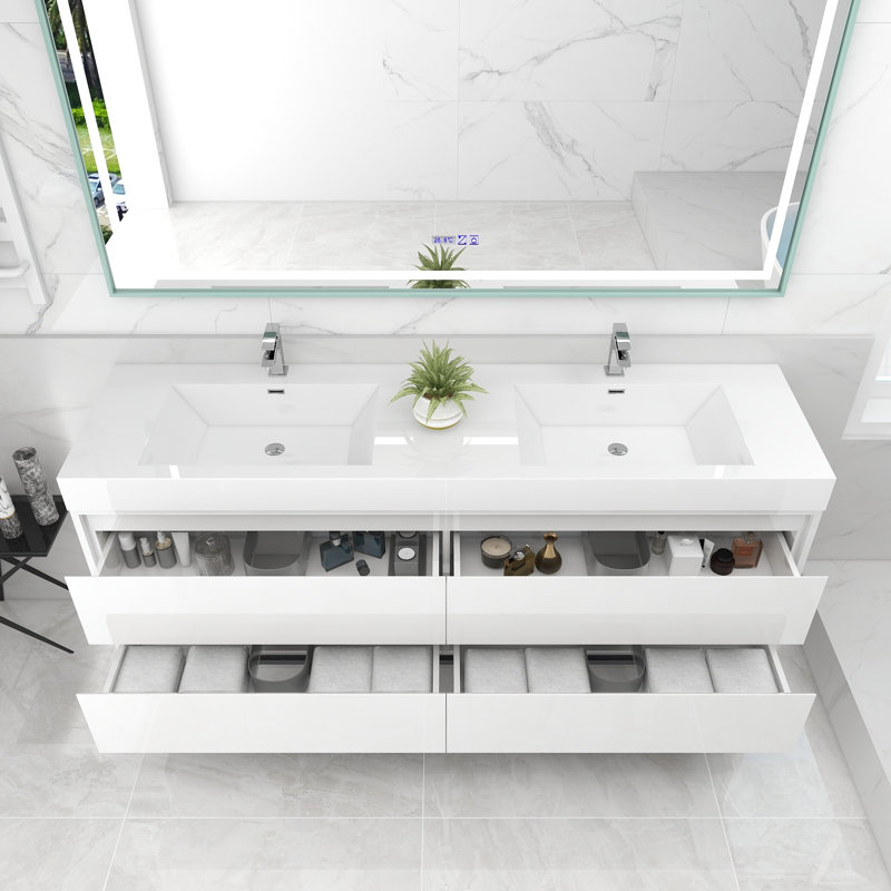 72'' Double Bathroom Vanity with Acrylic Top, Glossy White