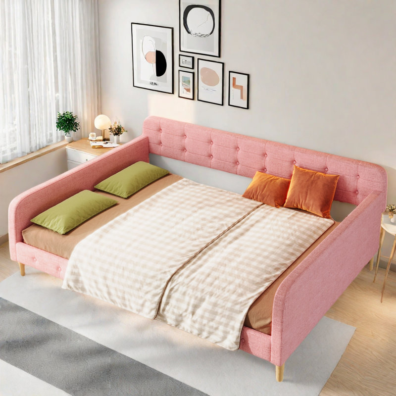 Upholstered Daybed With 4 Support Legs, Pink