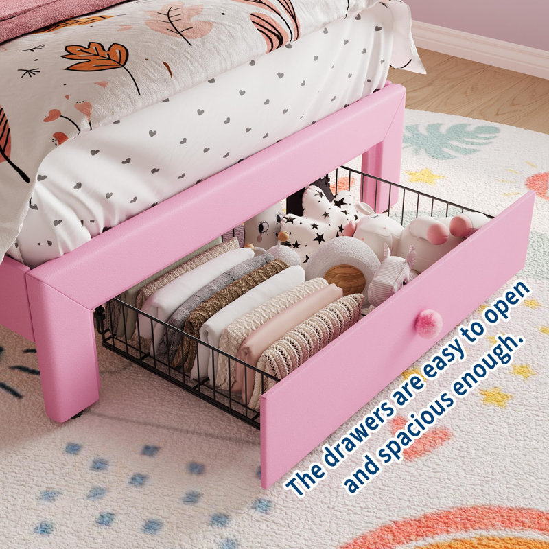 Structure de lit simple avec lumières DEL, lit plateforme tapissier avec tiroir de rangement et tête de lit capitonnée en cristal pour enfants
