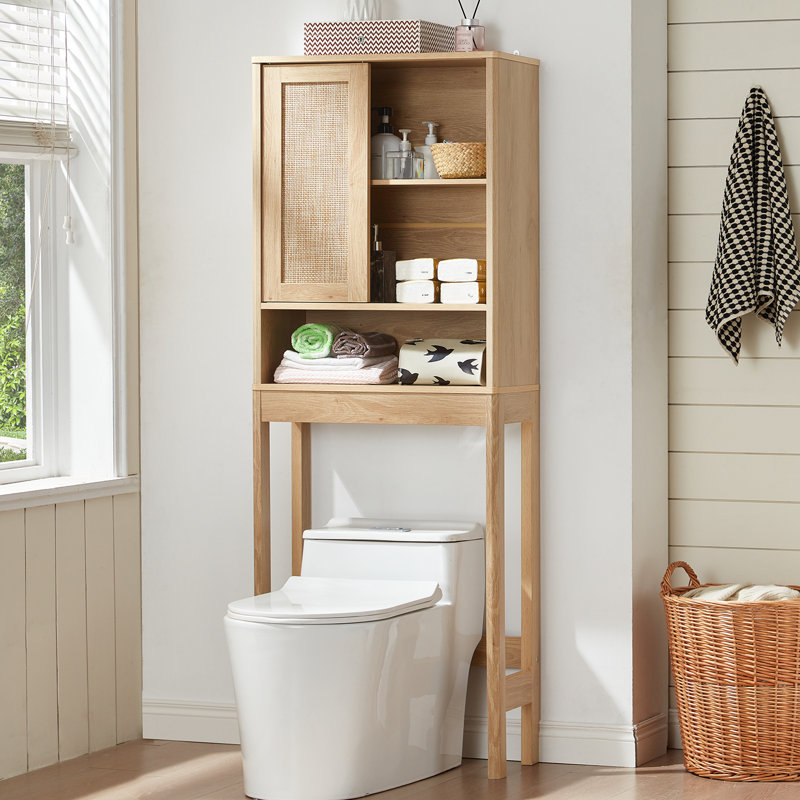 Over The Toilet Storage Cabinet With Rattan Sliding Door, 68" Tall Wood Above Toilet Bathroom Organizer W/Adjustable Shelf & Curved Profile, Space Saver Freestanding Washer Shelf
